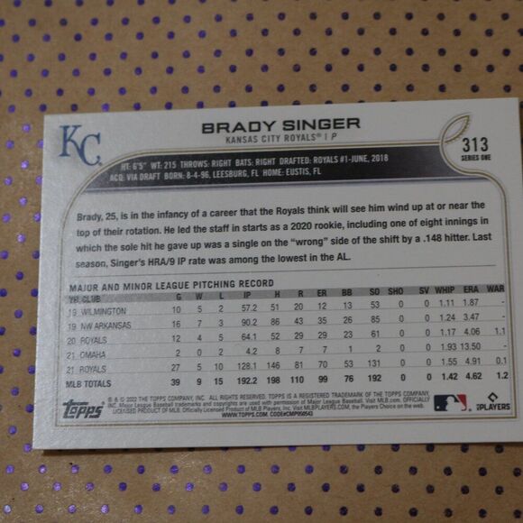 Brady Singer #313 Baseball Card - Picture 2 of 2